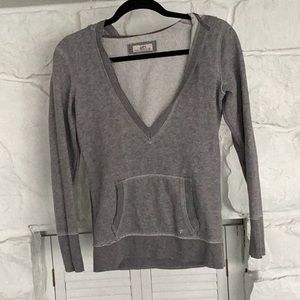 Gray hooded V neck Sweatshirt with lots of character